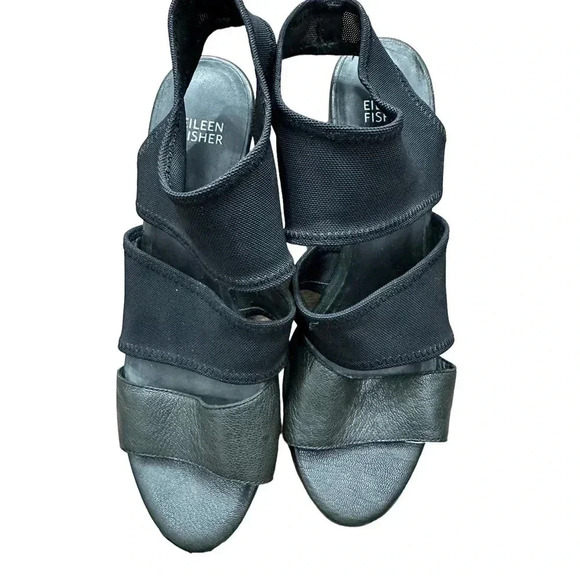 Eileen Fisher Rally 2 Stretch Black Leather Cut Out Wedge Sandal Size US 10 - Picture 5 of 6